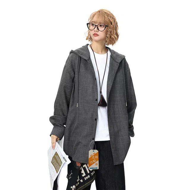 北欧攻略 北欧格纹漫游灰调连帽廓形衬衫 男女同款