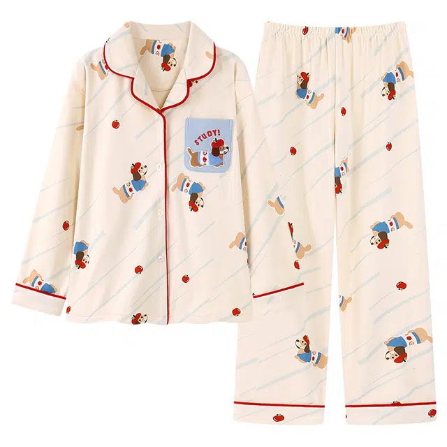 俏霓桐 秋冬季可爱卡通开衫翻领德绒保暖蓄温双口袋甜美简约休闲长袖长裤家居服可外穿睡衣套装 女款