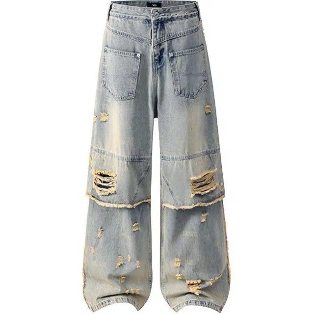极限涡轮 美式复古小众破洞裤毛边工装宽松休闲百搭阔腿拖地长裤高街裤子牛仔裤 男女同款