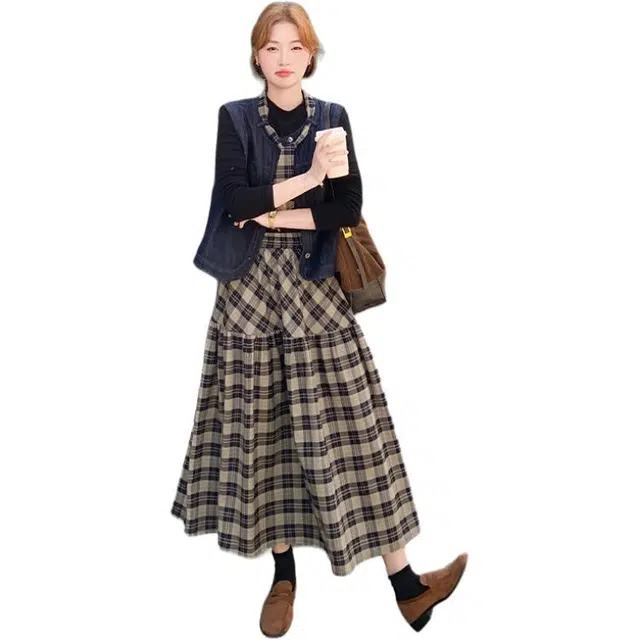 稻草人 复古休闲时尚百搭牛仔马夹格子半裙秋冬两件套装 女款