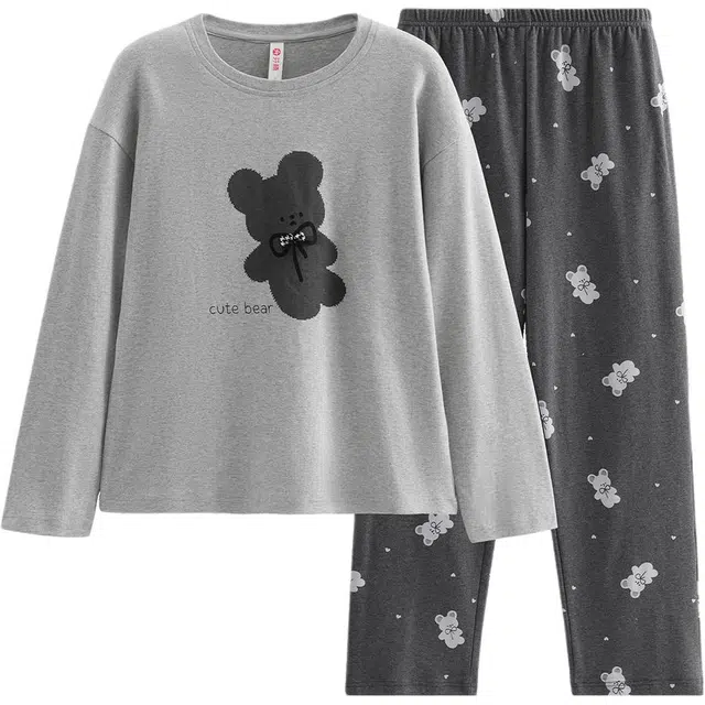 芬腾 女士纯棉春秋季长袖加大码休闲可外穿全棉家居服睡衣套装 女款