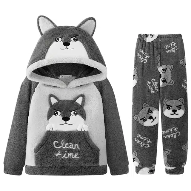 俏韵 连帽卡通冬季加绒保暖长袖长裤甜美印花可爱舒适家居服可外穿睡衣套装 男女同款