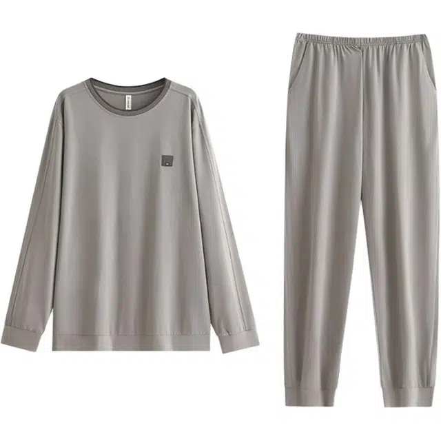 浮光岛屿 圆领简约舒适长袖上衣纯色长裤睡衣套装 礼盒装 男款 浅灰色