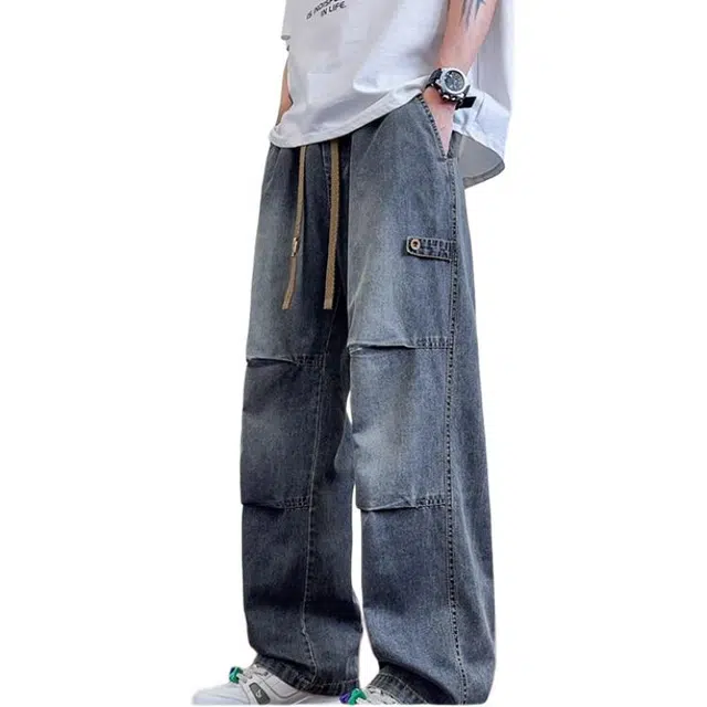 邦固依品 秋季 美式褶皱男高街宽松直筒青少年透气休闲工装裤牛仔裤 男款