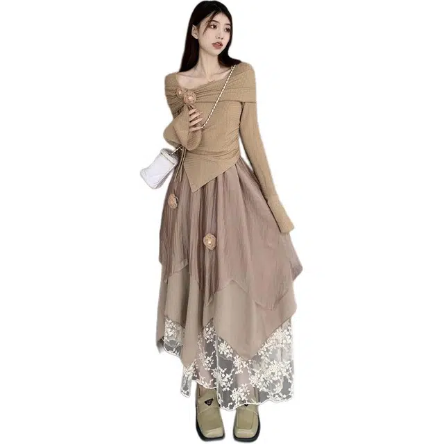 小卷要加油 法式洋气时尚高级感不规则上衣温柔氛围感长裙女春季裙装套装 女款