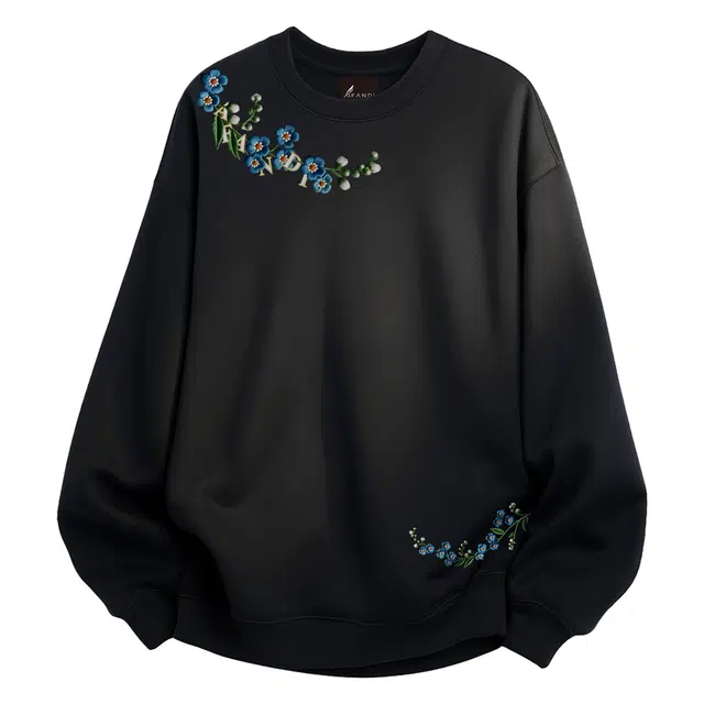 阿凡迪 美式高街植物花卉品牌花体字母嵌入式设计印花学院风百搭纯色无性别主义宽松痞帅上衣小清新打底内搭氛围圆领卫衣 男女同款