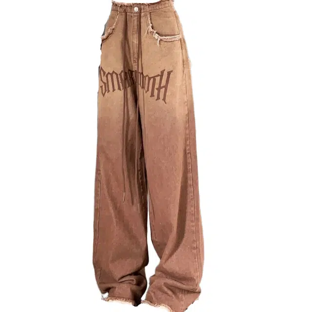 海獭 复古高腰阔腿女春秋美拉德裤子宽松直筒长裤牛仔裤 女款