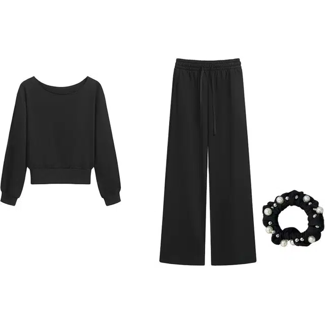 雾闪闪 露肩宽松收腰上衣卫衣卫裤阔腿裤两件套女休闲套装 女款