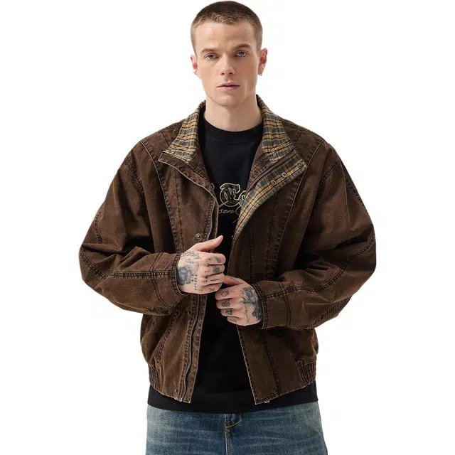 逆腾 秋季复古夹克男潮牌美式立领宽松男士痞帅短款纯棉工装牛仔外套 男款