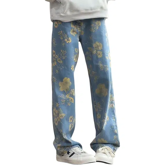 黑马漫画 花卉提花微喇裤男款秋季美式潮牌痞帅炸街裤子牛仔裤 男女同款