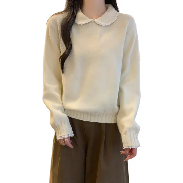 缪斯的诱惑 秋季韩版温柔减龄娃娃领蕾丝花边长袖上衣 针织衫 女款