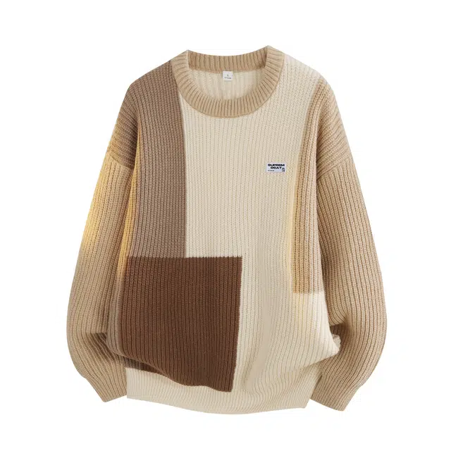 吾皇猫 日系慵懒撞色肌理感设计重磅粗针加厚保暖舒适宽松百搭休闲圆领套头打底针织衫长袖毛衣 男女同款