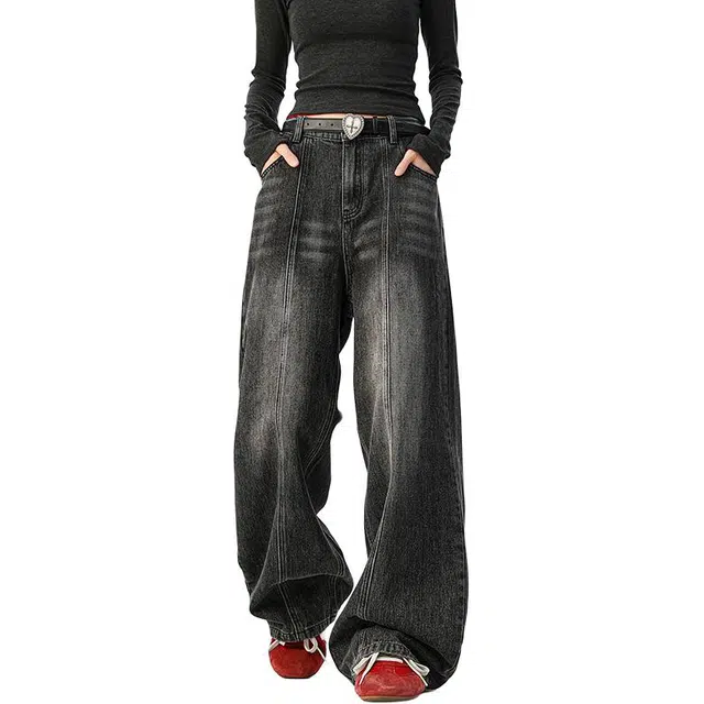 佐菲利 美式复古水洗解构高级感痞帅弯刀裤百搭休闲阔腿裤牛仔裤 男女同款