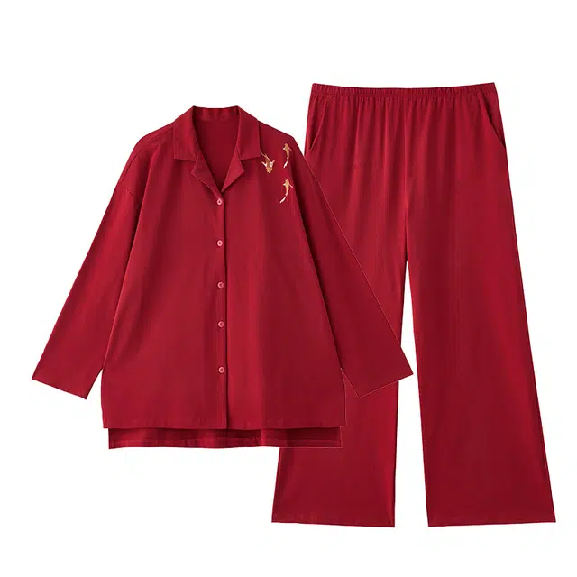 俏薇妮 结婚春秋带胸垫一体柔软舒适纯棉刺绣长袖睡衣套装 女款