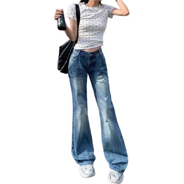 么宁 美式复古辣妹低腰微喇叭垂感百搭拖地裤牛仔裤 女款