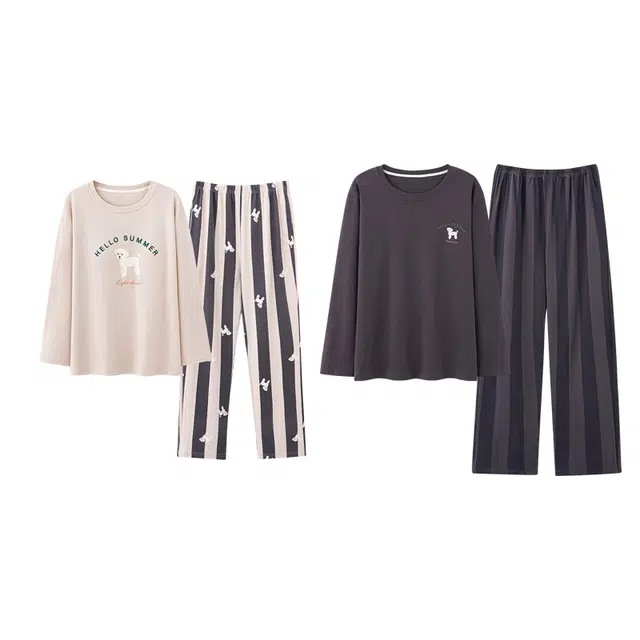 蒄趣 休闲长袖长裤可外穿家居服宽松舒适纯棉春秋薄款睡衣套装 男女同款 两件装