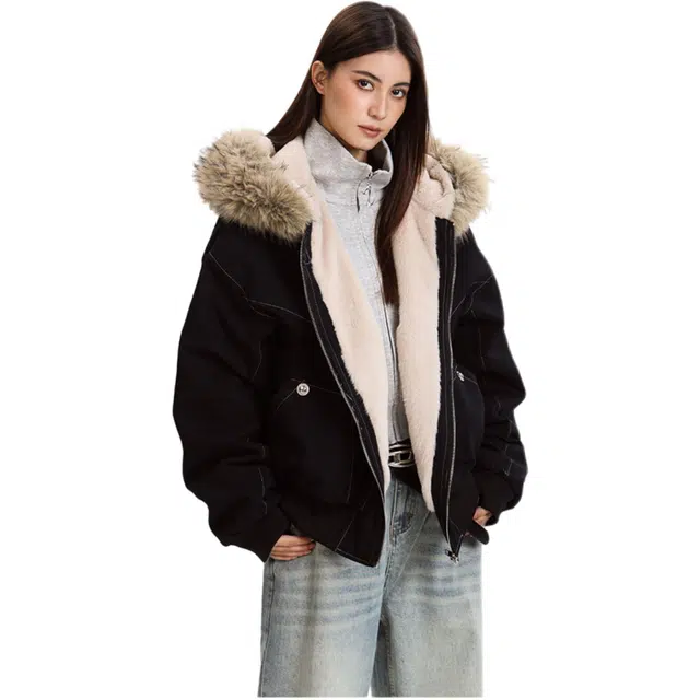 天才小熊 毛领款宽松美式冬季保暖舒适百搭潮流时尚夹克外套 女款