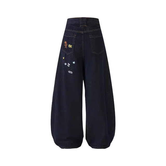 佐菲利 美式复古设计感刺绣卡通弯刀宽松情侣水洗阔腿休闲裤潮牛仔裤 男女同款