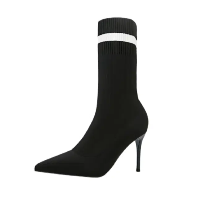 拾伍象 织物 秋冬款尖头裸靴瘦瘦靴弹力袜子靴靴子针织袜靴细跟短靴 高跟鞋 女