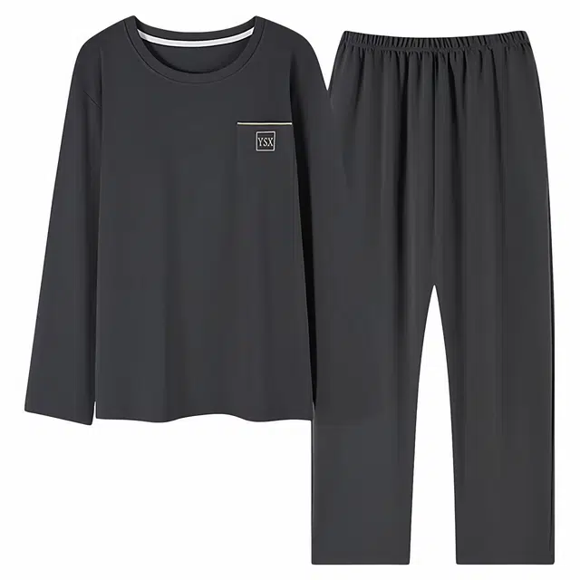 潞优野 轻奢高端男士纯棉春秋季纯色长袖长裤高级感宽松全棉家居服男秋冬款睡衣套装  男款