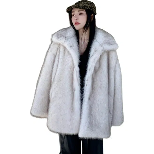 柏黛妃 韩版毛毛外套女中长款冬季宽松加厚环保仿狐狸毛皮草大衣 女款