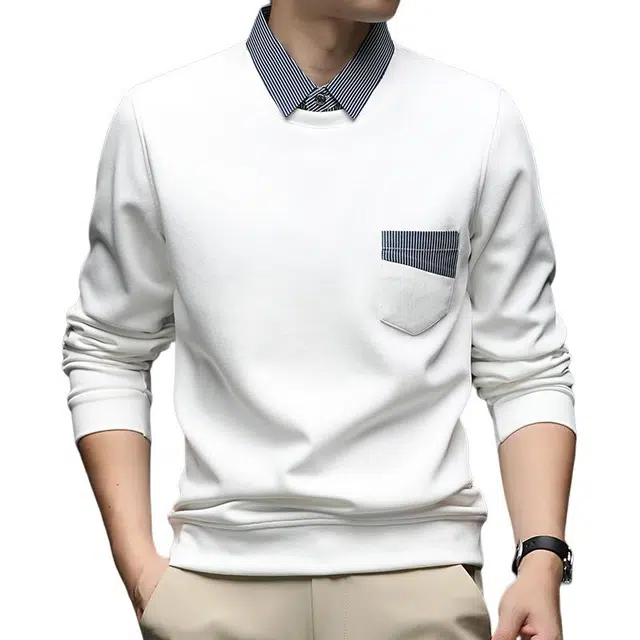 卡丹狄诺 长绒棉秋季衬衫领假两件打底衫男休闲百搭舒适透气轻奢秋冬季长袖圆领针织衫 男款