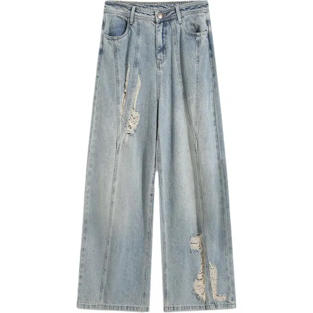 海尔斯 美式潮流破洞宽松拉链牛仔裤 男款