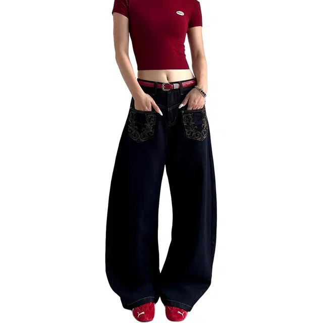 如续 美式复古小众设计感刺绣阔腿弯刀长裤潮流百搭松弛感牛仔裤 女款