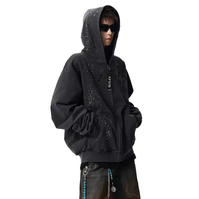 艾梵斯贝 美式复古潮流烫钻水洗做旧设计款无性别高街风日常通勤百搭宽松休闲时尚潮牌个性街头暗黑学院风开衫连帽卫衣 男女同款