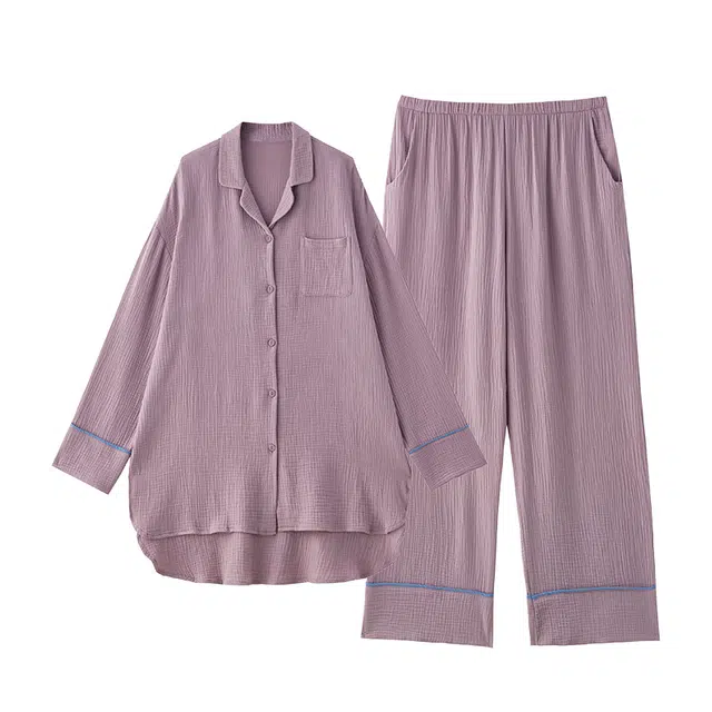 俏薇妮 春秋款简约纯棉纱布婴儿棉带胸垫一体长袖家居服睡衣套装 女款