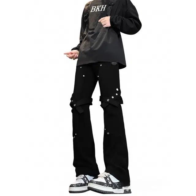 【四季可穿绑带黑牛】布客行 重工铆钉拼接美式高街水洗复古直筒工装机能风柔软舒适休闲百搭弯刀修身长裤垂感显高显瘦牛仔裤 男女同款