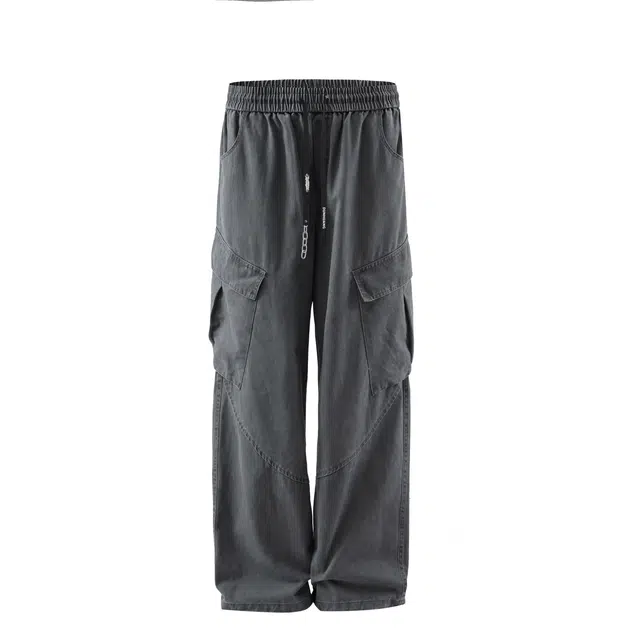 敦煌博物馆 美式高街底特律重磅纯棉水洗多口袋垂感直筒阔腿显高显瘦长裤纯色简约高级感抽绳城市机能风百搭伞兵工装裤 男女同款