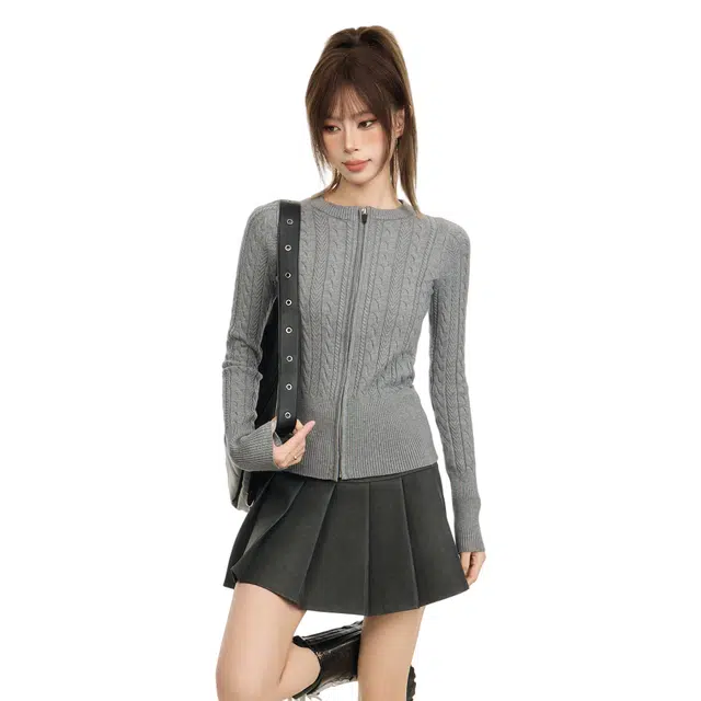 柏黛妃 氛围感麻花拉链外套修身内搭打底衫设计感针织衫 女款