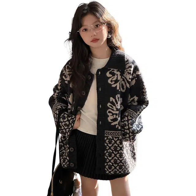 花乐集 毛衣 花乐集女童秋装大儿童装复古风针织衫女孩春秋款宽松开衫外套潮