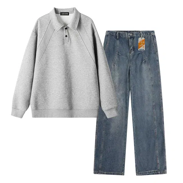 北欧攻略 秋冬美式解构纯色翻领卫衣水洗磨白牛仔裤免搭一套衣服青少年痞帅时髦休闲运动套装 男女同款