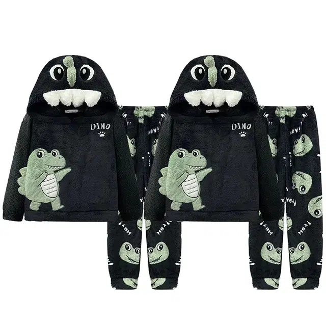 俏韵 连帽卡通恐龙冬季加绒保暖长袖长裤甜美印花可爱舒适家居服可外穿睡衣套装 男女同款
