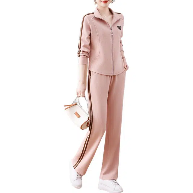 缪斯的诱惑 静默复古风 两条杠条纹拼接字母开衫外套立领卫衣百搭阔腿裤两件套小众设计高质感优雅知性洋气减龄时尚潮流运动休闲套装  女款