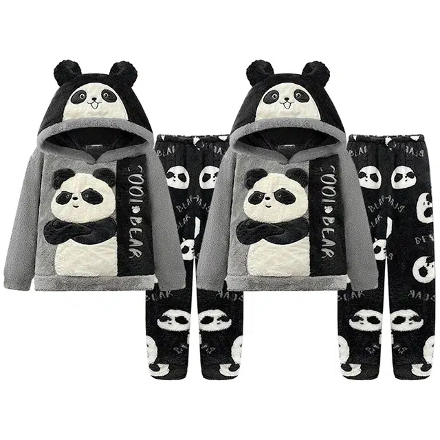 俏韵 连帽卡通熊猫冬季加绒保暖长袖长裤甜美印花可爱舒适家居服可外穿睡衣套装 男女同款
