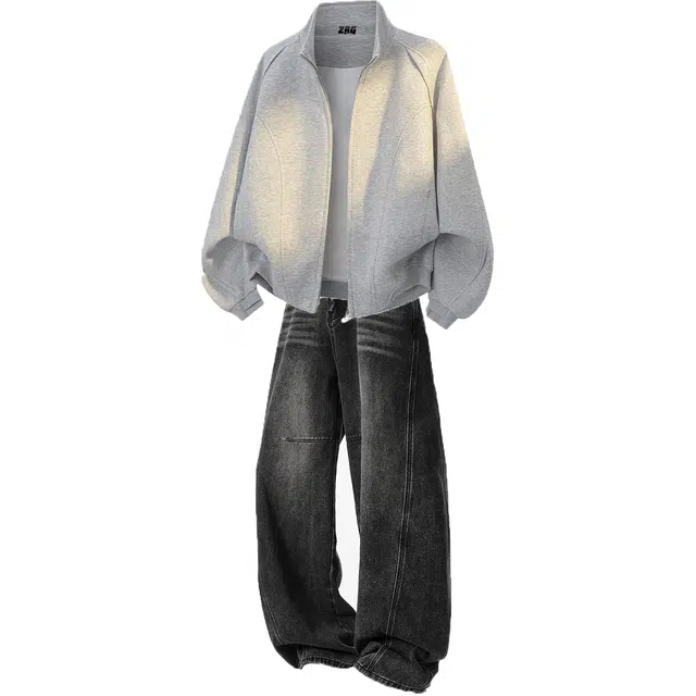 梓润格  秋季美式潮流高街纯色休闲重磅宽松解构设计感卫衣外套简约基础款舒适时尚百搭无性别主义复古拼接直筒弯刀牛仔裤套装 男女同款