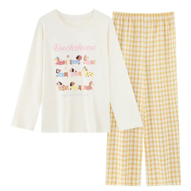 莫代尔 春秋季慵懒个性百搭纯棉圆领套头休闲简约长袖长裤家居服可外穿女士睡衣套装 女款