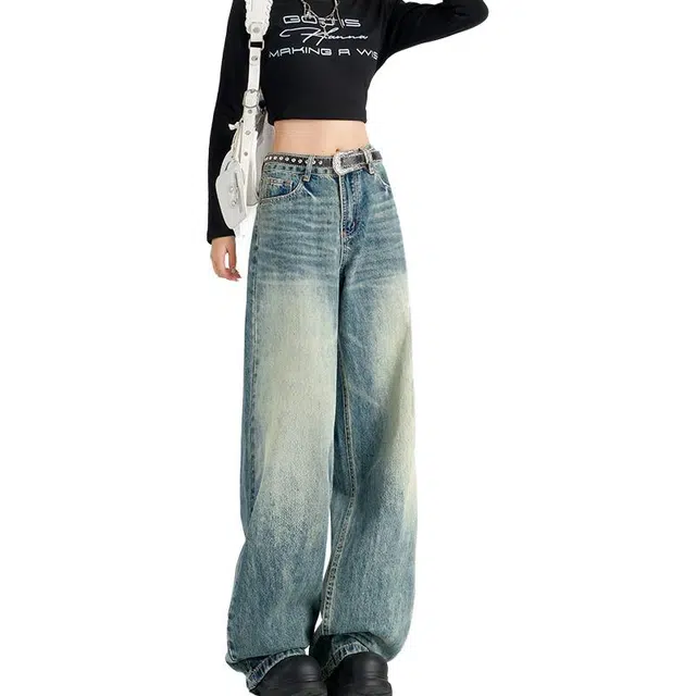 如续 美式复古高街阔腿宽松水洗做旧设计感牛仔裤 女款