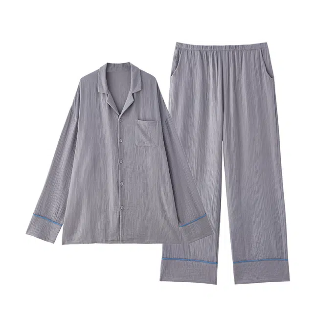 俏薇妮 春秋款纯棉纱布婴儿棉简约长袖家居服睡衣套装 男款