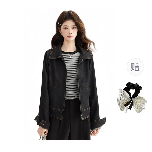 涂诗菲 美式复古宽松做旧修身百搭高级设计感显瘦休闲翻领工装长袖牛仔外套 女款