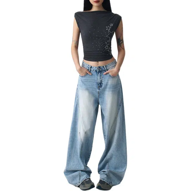 如续 美式复古水洗浅色设计感直筒长裤潮流百搭个性时尚宽松阔腿牛仔裤 女款