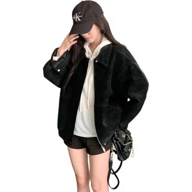 黛尔佳人 复古鹿皮绒外套女早秋高级感休闲宽松翻领上衣夹克 女款