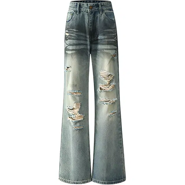 极限涡轮 美式高街复古破洞宽松休闲百搭直筒潮牌痞帅微喇叭设计感乞丐裤子牛仔裤 男女同款