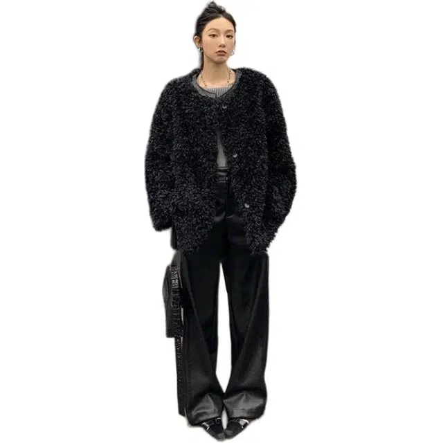 邓大喵 小香风环保女春季小个子大衣短款高级感毛毛外套皮草 女款