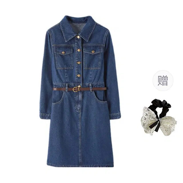 涂诗菲 美式纯色复古时尚休闲收腰显瘦设计感气质百搭通勤小众翻领牛仔长袖连衣裙 女款