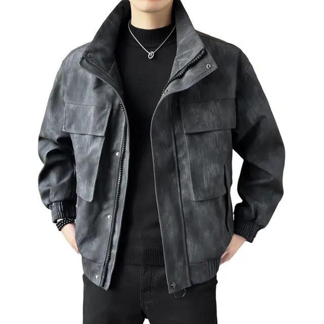 太子龍 立领时尚宽松简约潮流百搭休闲防风皮衣夹克 男款