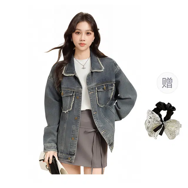涂诗菲 韩版复古小众休闲时尚百搭宽松慵懒风高级设计感毛边翻领长袖牛仔外套 女款